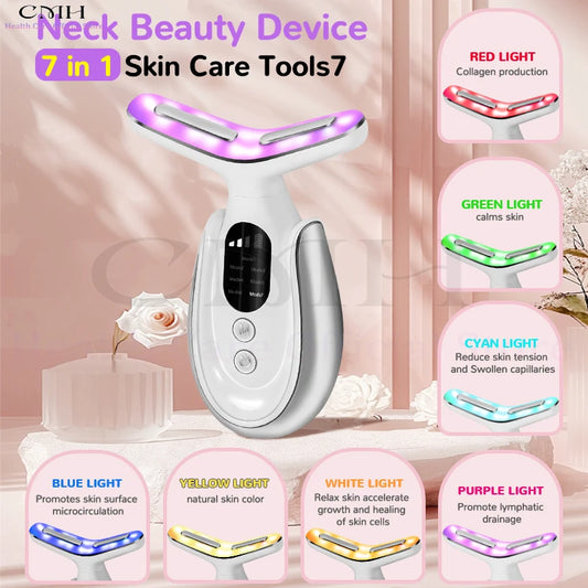 Neck Beauty Device 7 in 1 LED Therapy Microcurrent Anti Wrinkle Face Massager Deep Cleansing Hot Compress for Skin Rejuvenation