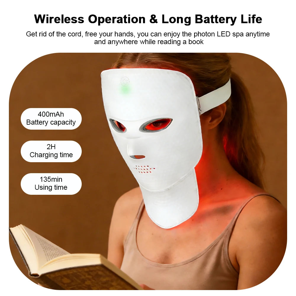 Wireless 7 Color Photon Face Neck Mask Red Light Anti Wrinkle Skin Rejuvenation Lifting Whitening Facial Beauty Device for Home Skin Care