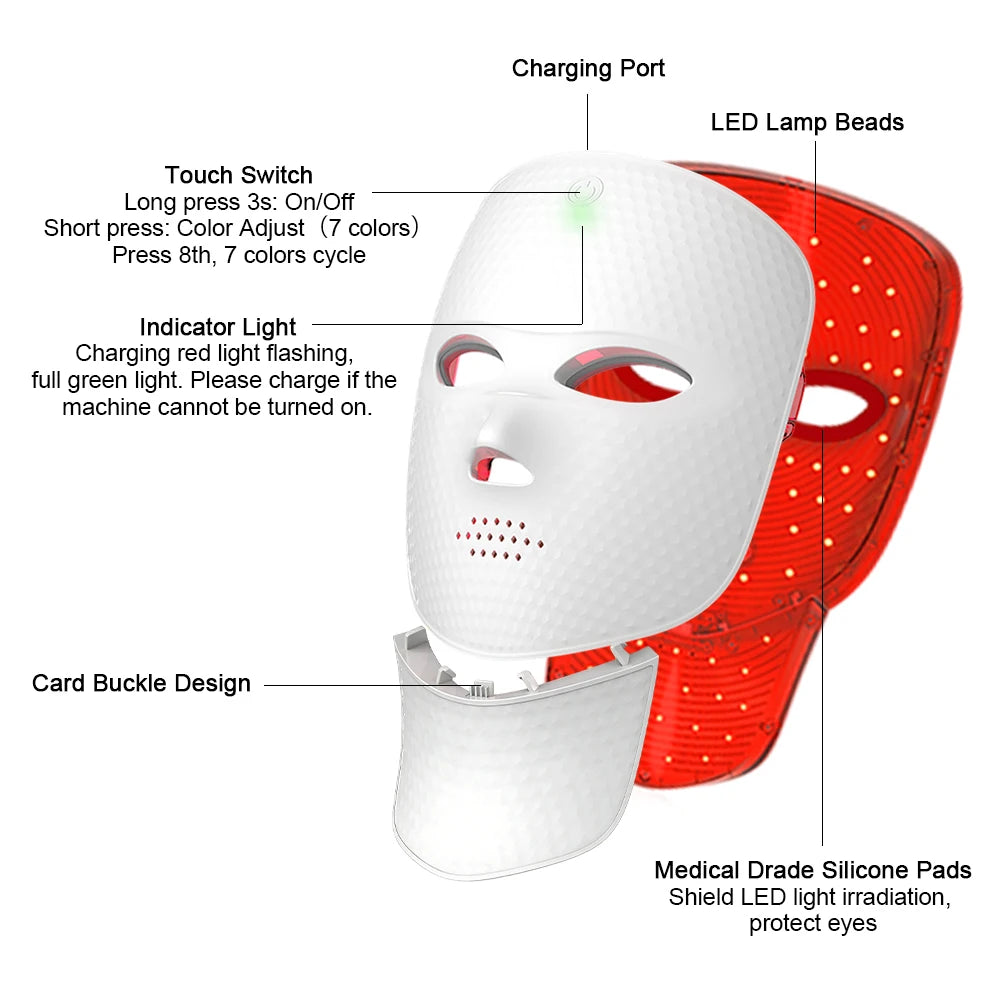 Wireless 7 Color Photon Face Neck Mask Red Light Anti Wrinkle Skin Rejuvenation Lifting Whitening Facial Beauty Device for Home Skin Care